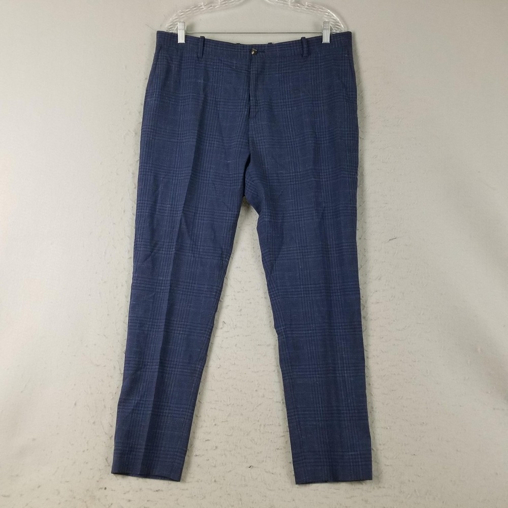 Zara Dress Pants Men 36 Blue Glen Plaid Check Trousers Lanerossi Marzotto Flat